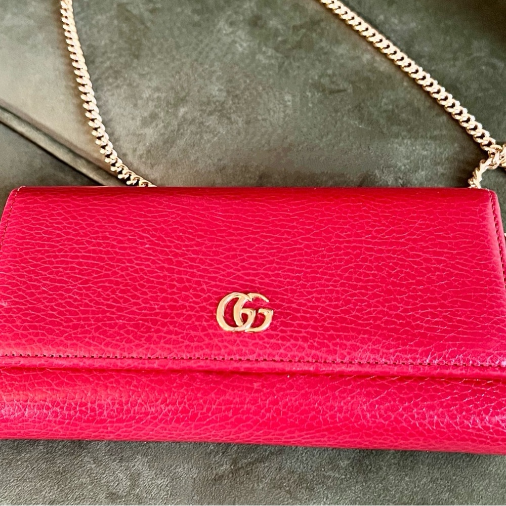 Gucci Red Leather Clutch with Gold Chain